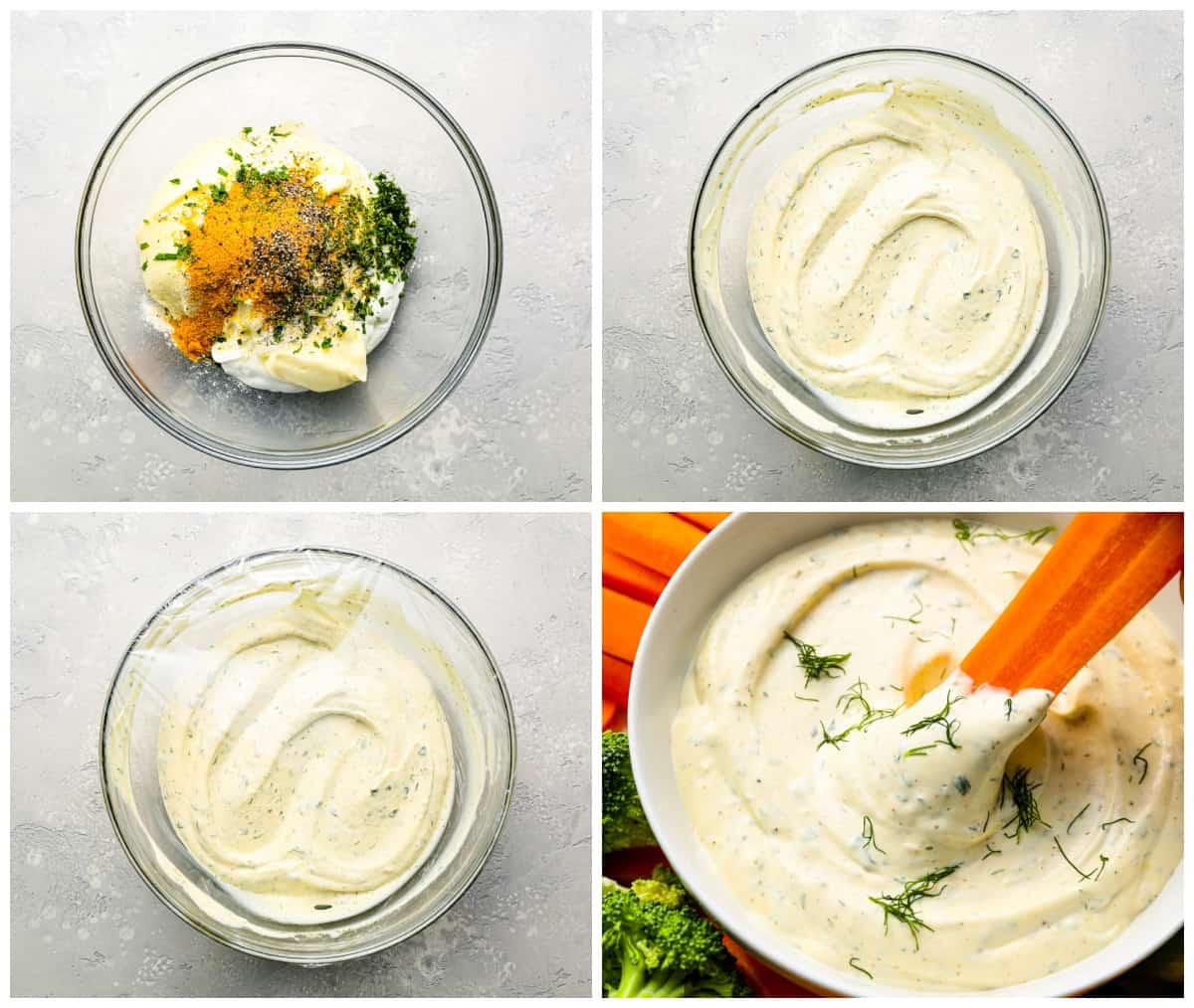 a series of photos showing how to make a sour cream, ranch, and dill dip for veggies.