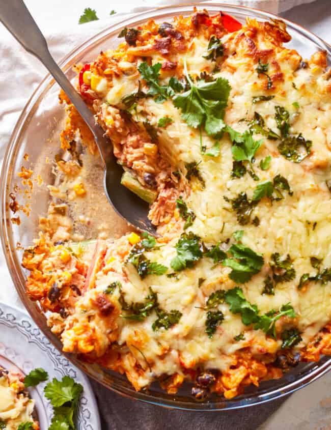 a casserole dish with a slice taken out of it.