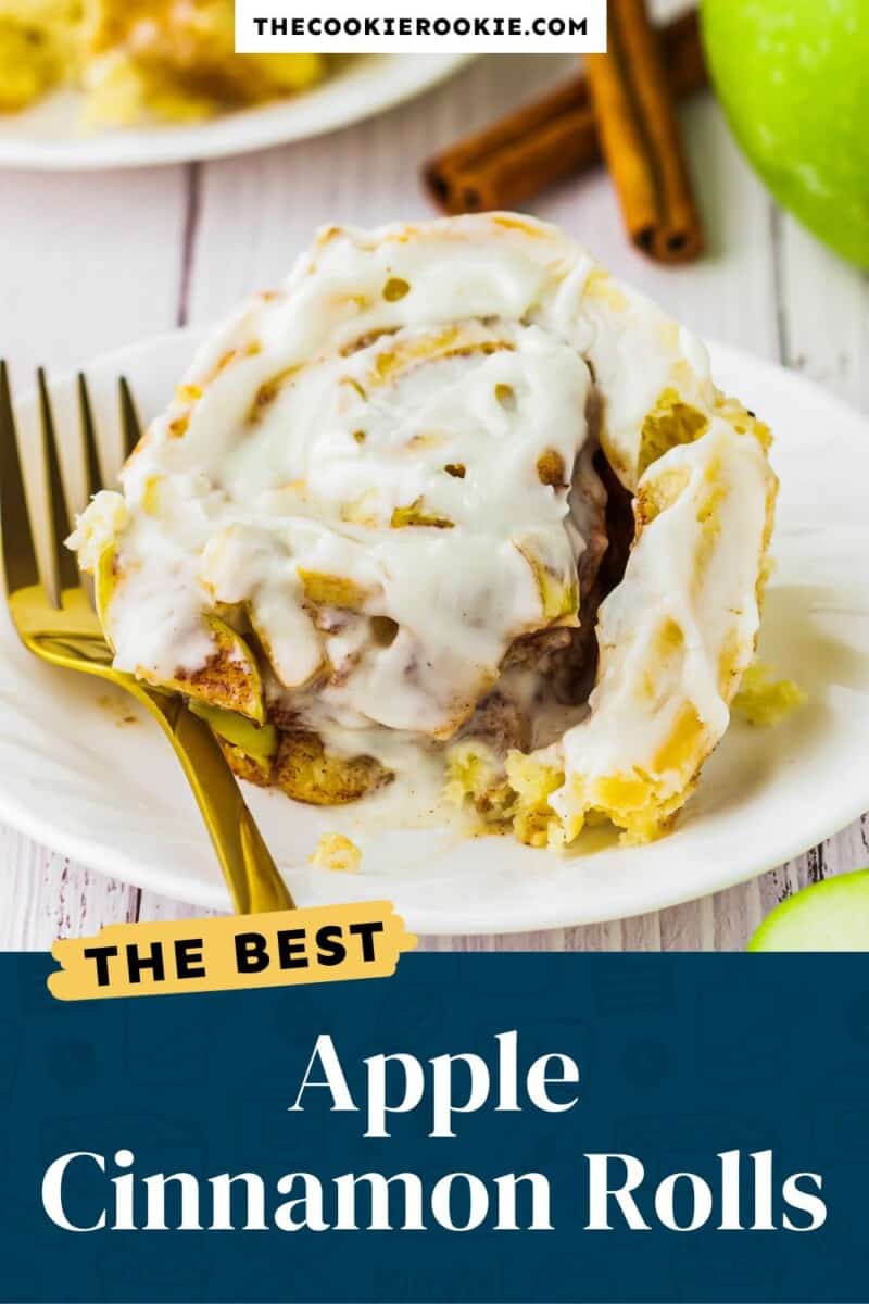 Apple cinnamon rolls on a plate with icing.