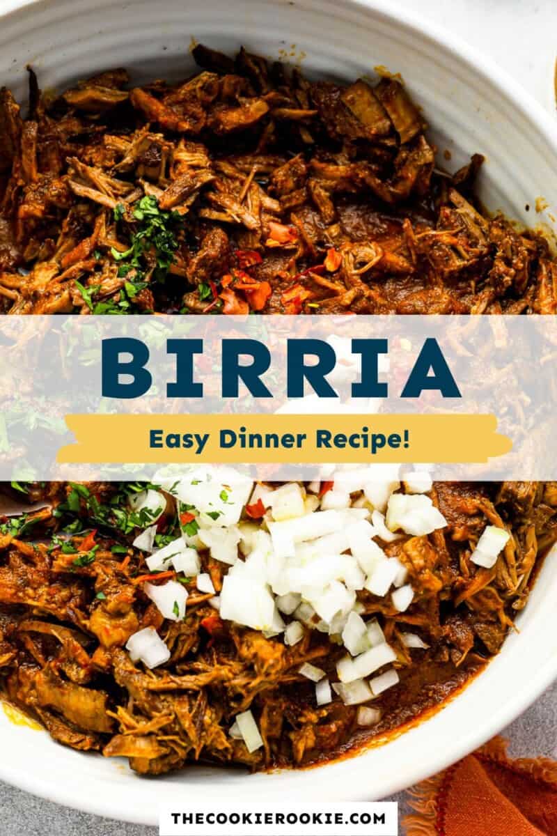 A bowl of birria with the text birria easy dinner recipe.