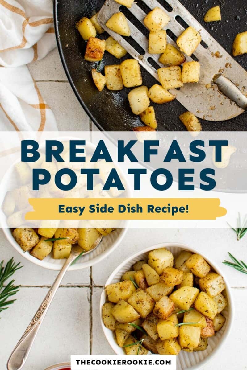 Breakfast potatoes in a skillet with the text breakfast potatoes easy side dish recipe.