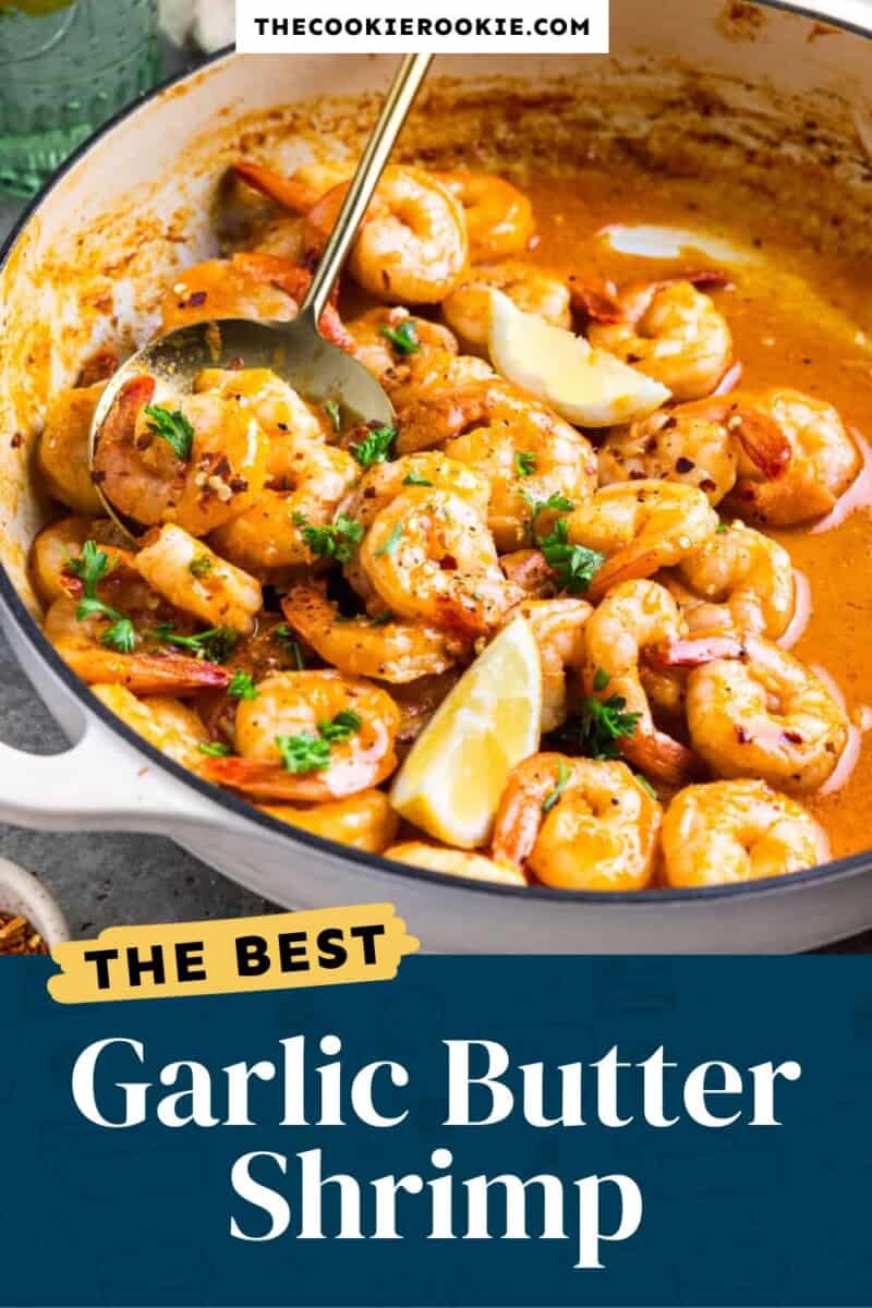 The best garlic butter shrimp in a skillet.