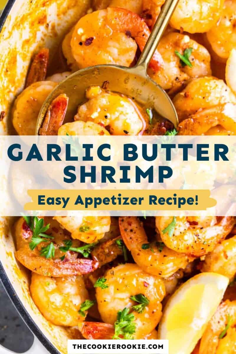 Garlic butter shrimp in a skillet with a spoon.