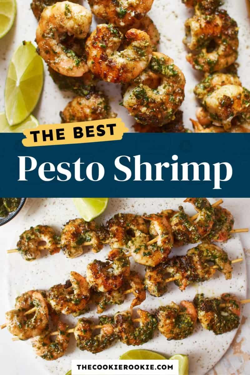 The best pesto shrimp on skewers.