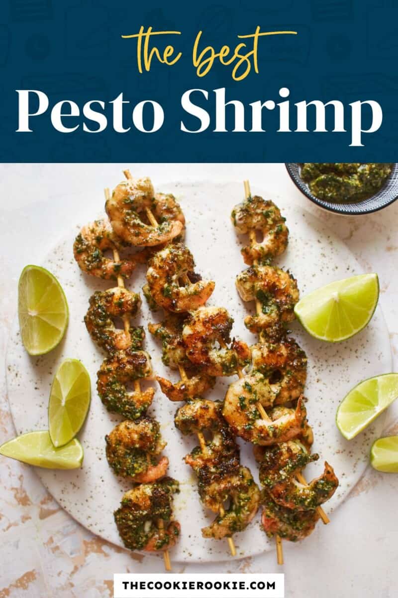 The best pesto shrimp on skewers with limes.