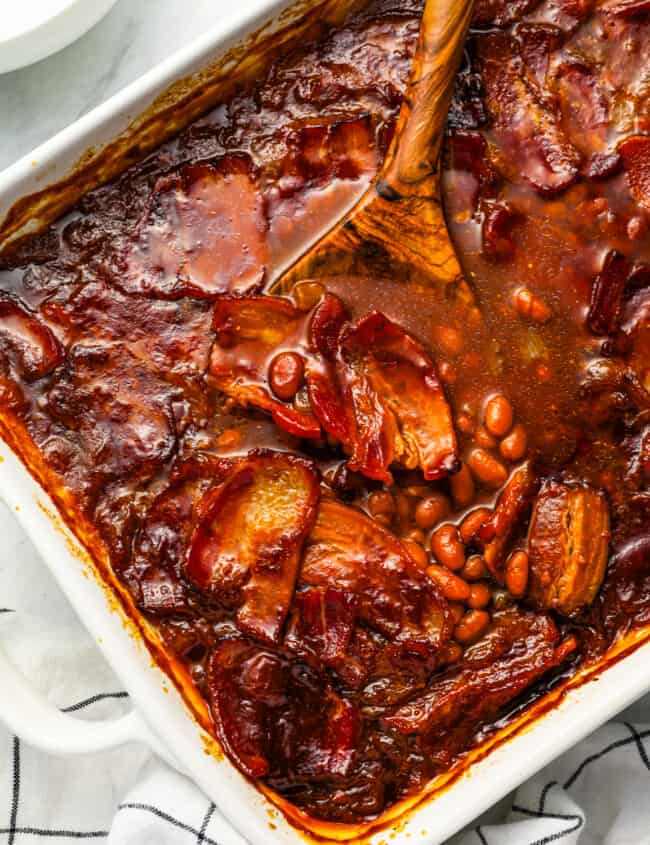 A casserole dish filled with beans and beans.