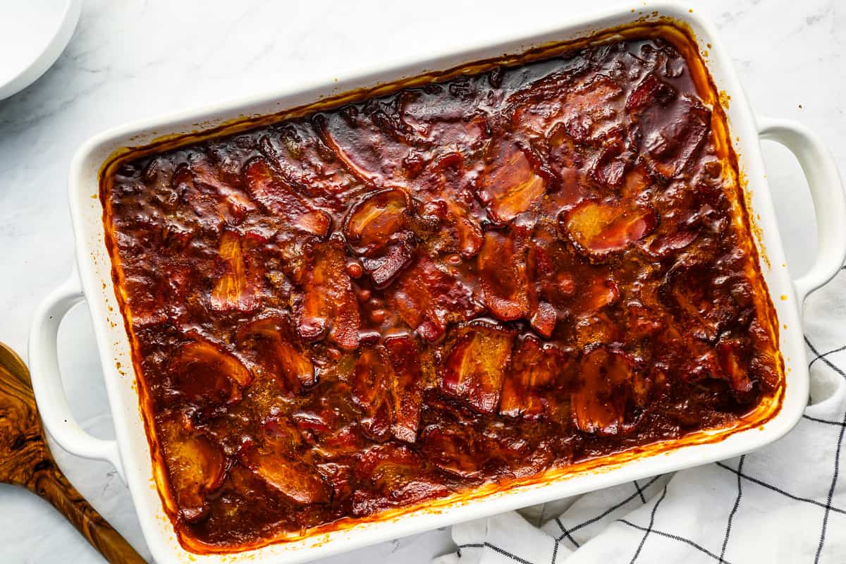 homemade baked beans in a casserole dish.