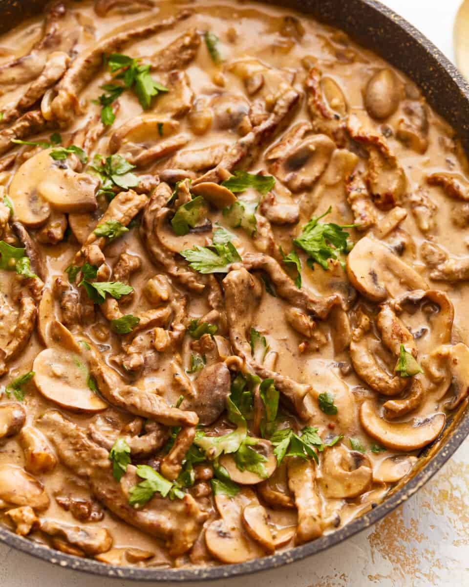 A pan with meat and mushrooms in it.