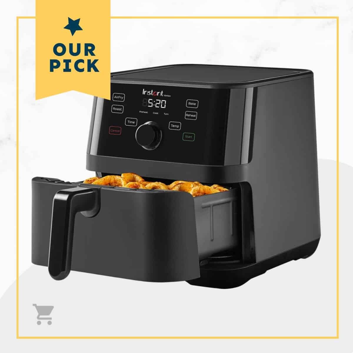 A black air fryer with the text our pack.