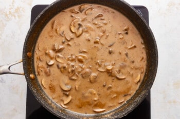 Mushroom sauce in a pan on a stovetop.