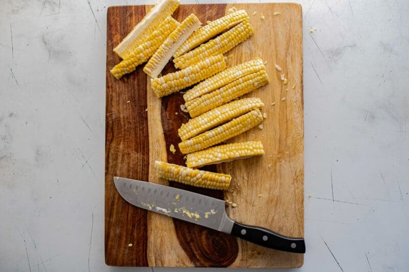 Corn on the cob sliced into corn ribs.