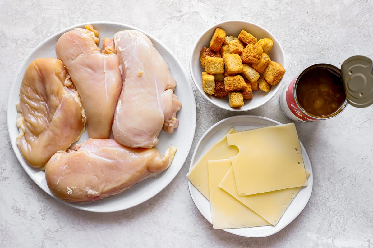 Ingredients for French onion chicken in individual bowls.