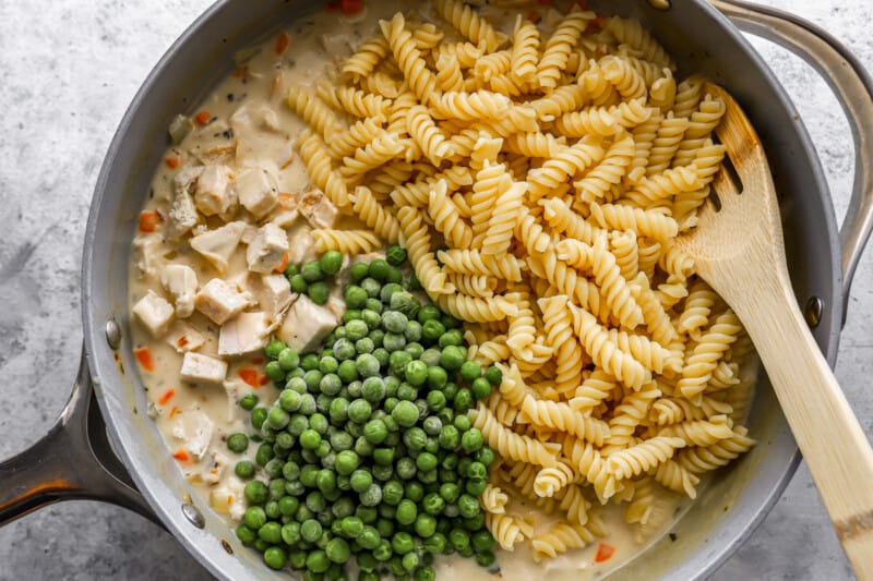 Chicken pasta with peas and peas in a skillet.