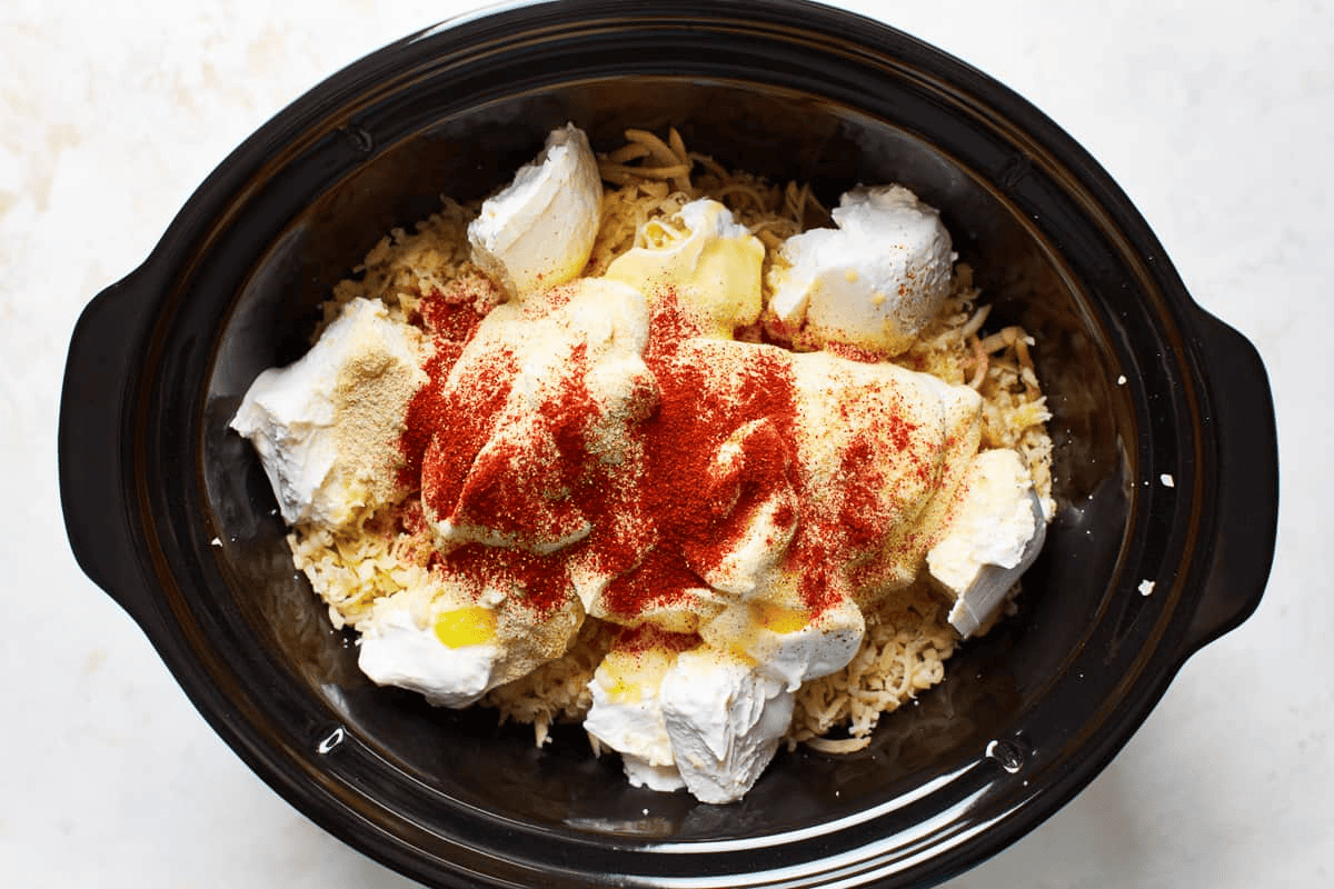 Ingredients for crockpot cheesy potatoes in a black crockpot.