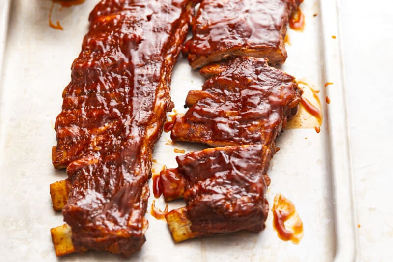 instant pot ribs on a baking sheet.