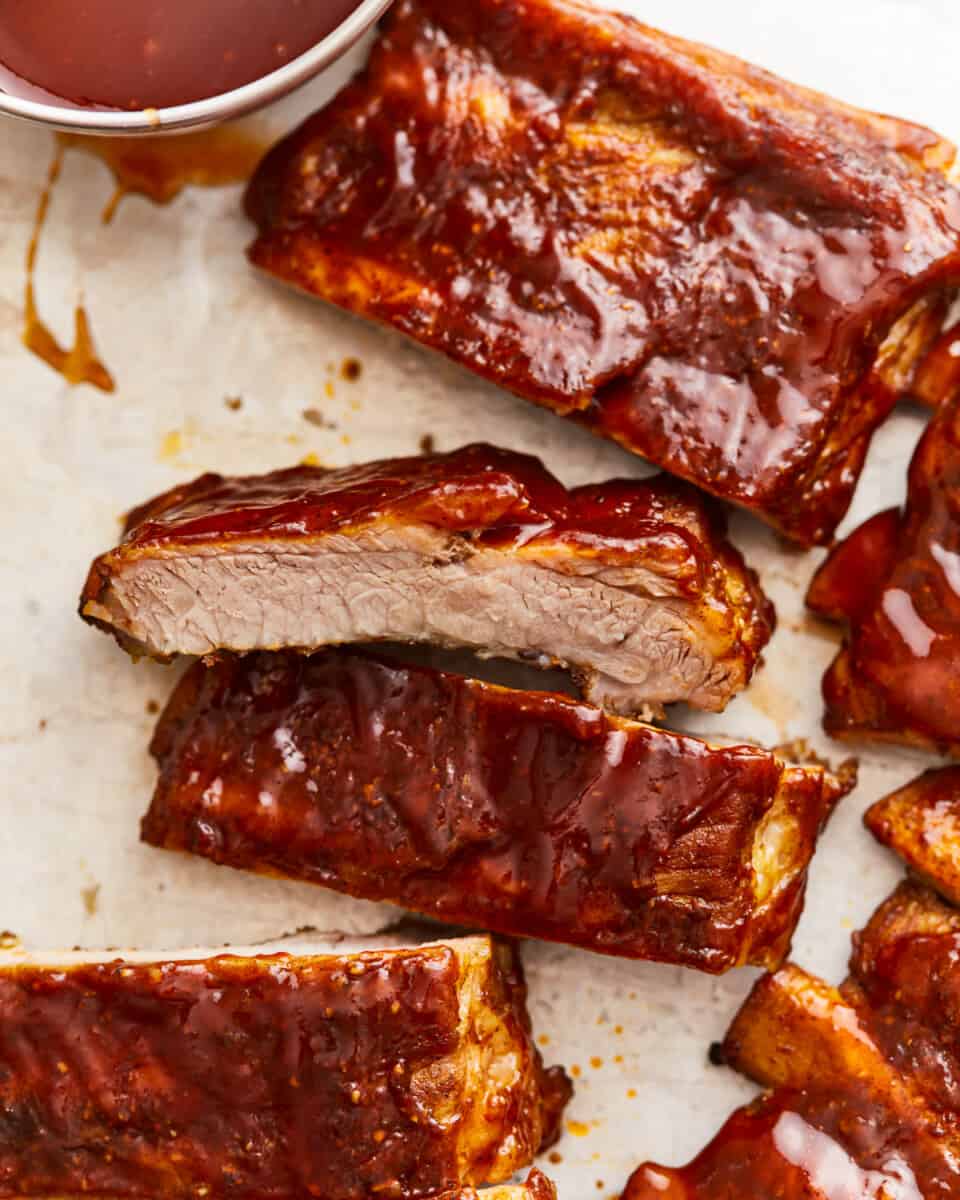 Close up of instant pot ribs cut into pieces.