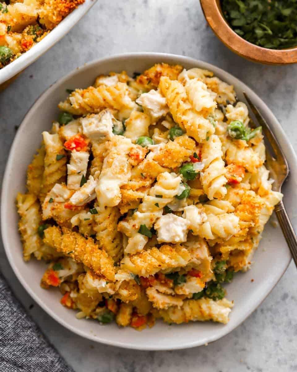 a bowl of Thanksgiving leftover turkey casserole.