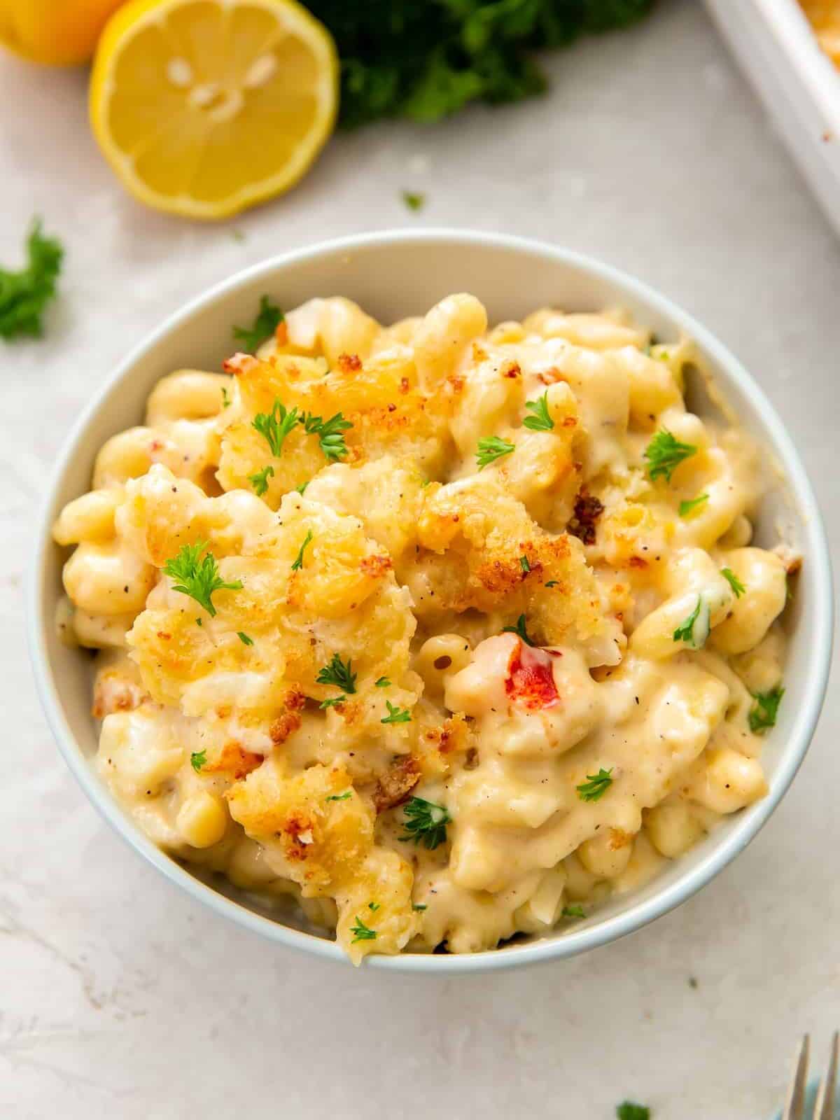 white bowl with lobster mac and cheese