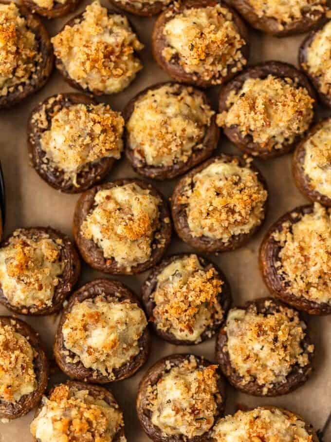sausage stuffed mushrooms viewed from above