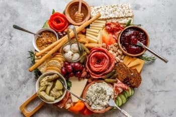 A platter of different types of cheeses and meats.
