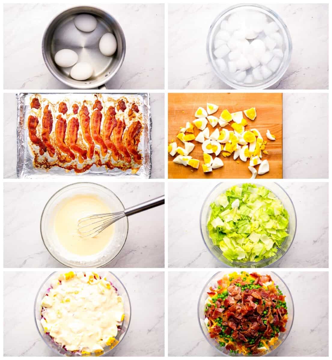 A collage of photos showing how to make a seven layer salad.