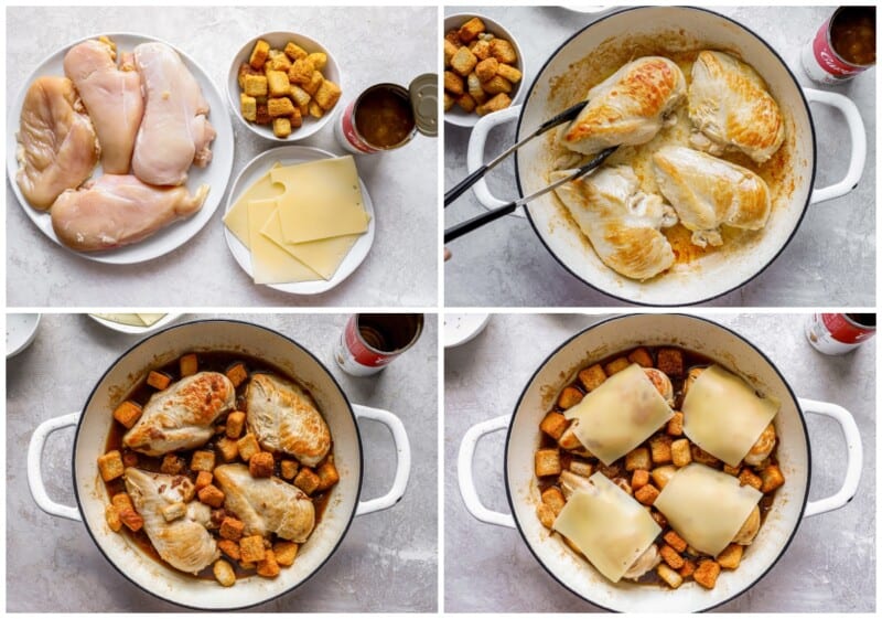 A series of photos showing how to cook chicken in a pan.