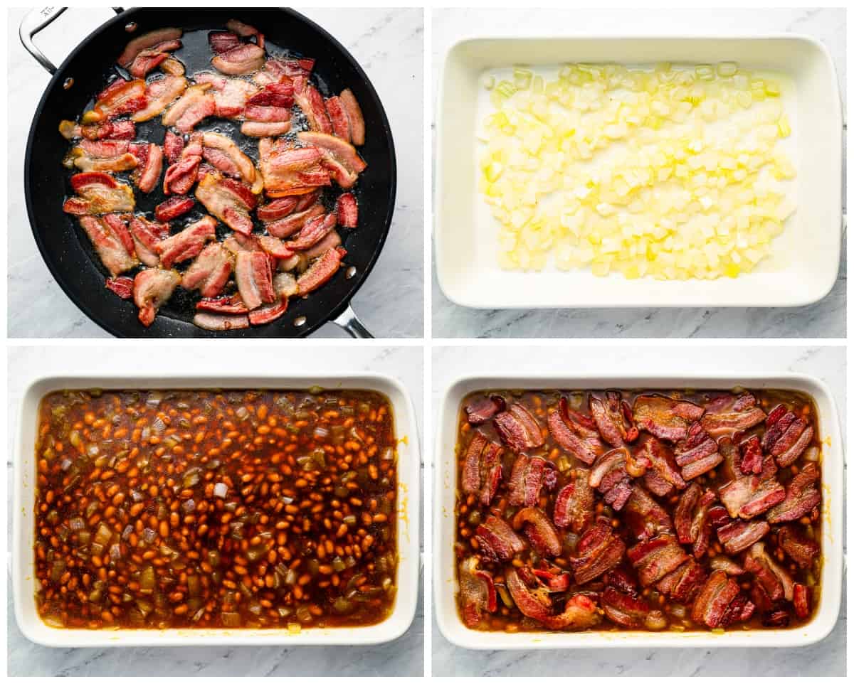 A series of photos showing how to make Boston baked beans.