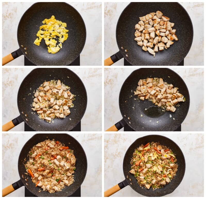 A series of photos showing how to make chicken fried rice.