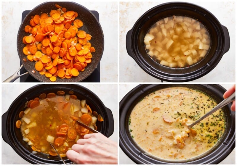 A series of photos showing how to make soup in a slow cooker.