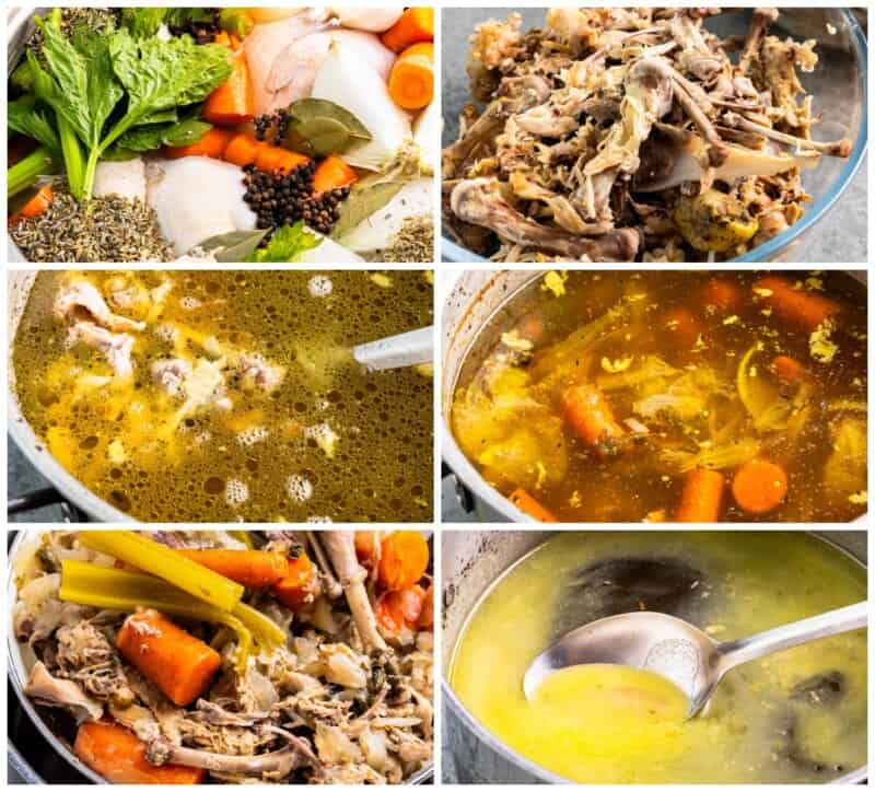 A collage of photos showing how to make chicken soup.