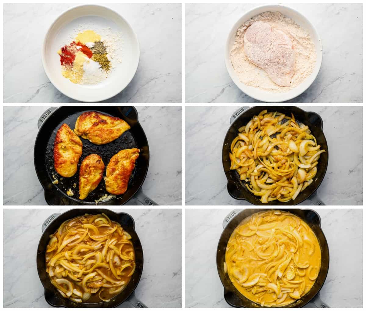 A series of photos showing how to make smothered chicken.