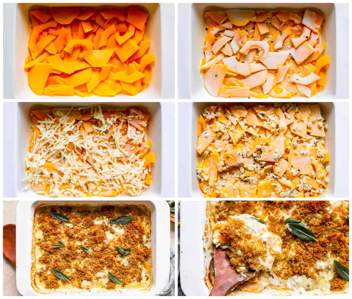 A series of photos showing how to make a butternut squash casserole.