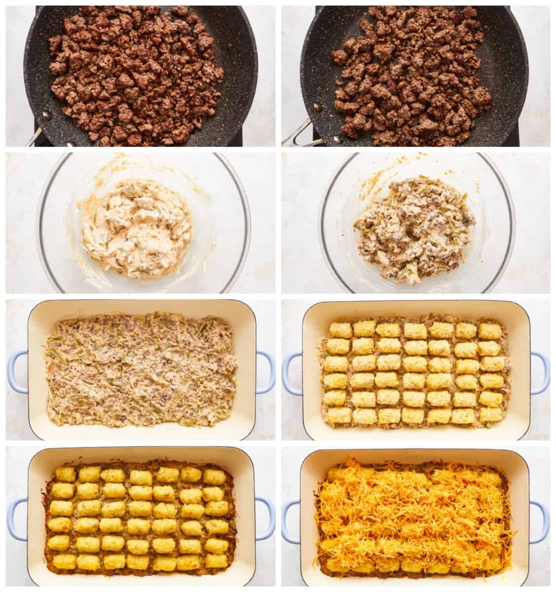A series of photos showing how to make a casserole.