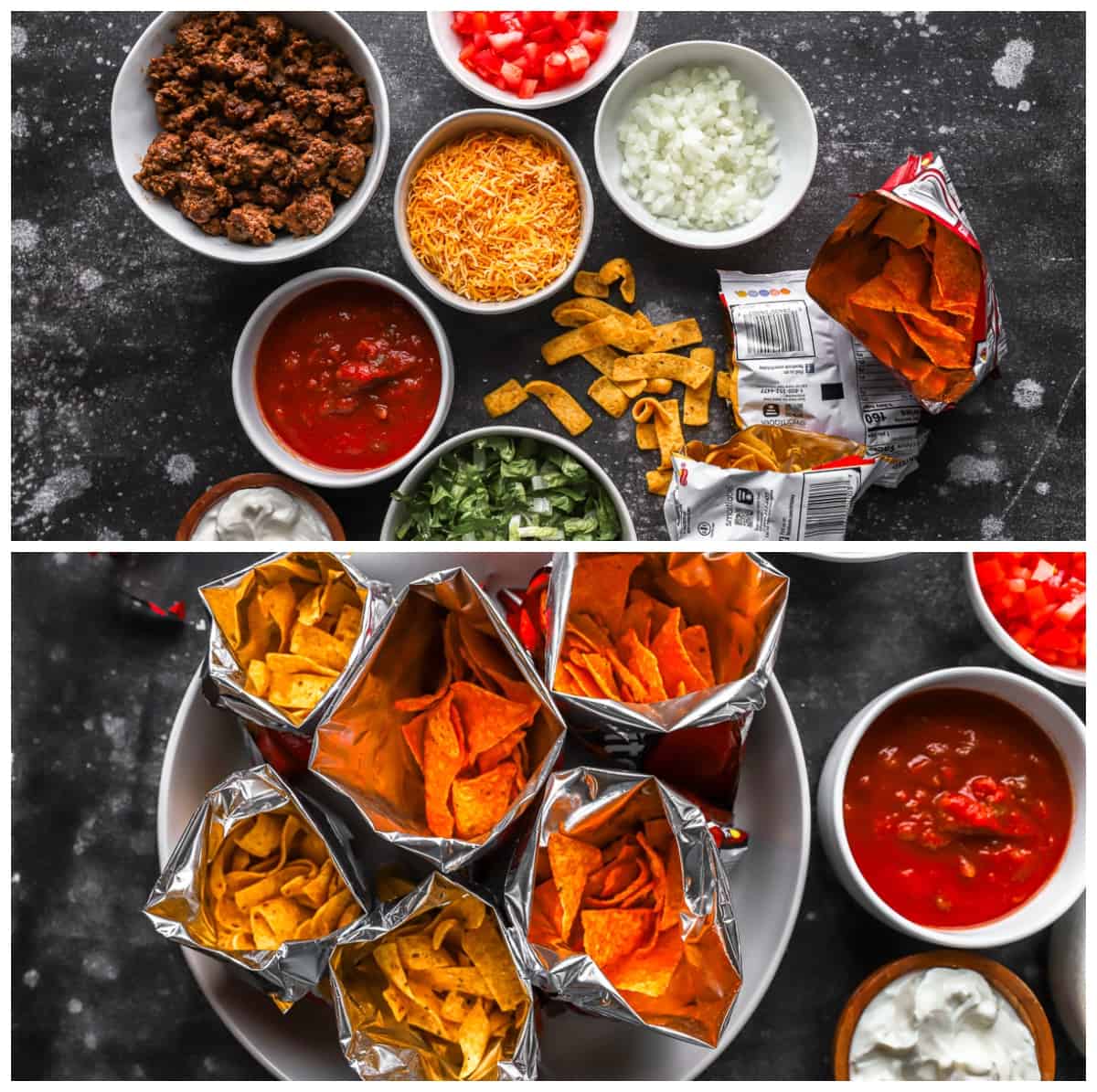 a series of photos showing the ingredients to make walkings tacos; bags of Fritos and Doritos, and taco toppings.