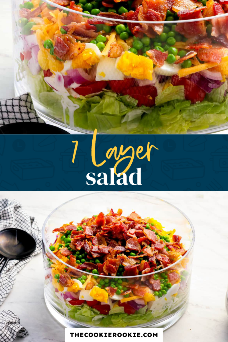 7 layer salad with bacon and eggs in a glass bowl.