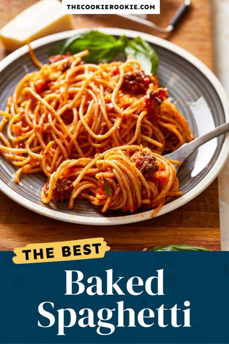 The best baked spaghetti on a plate with a fork.