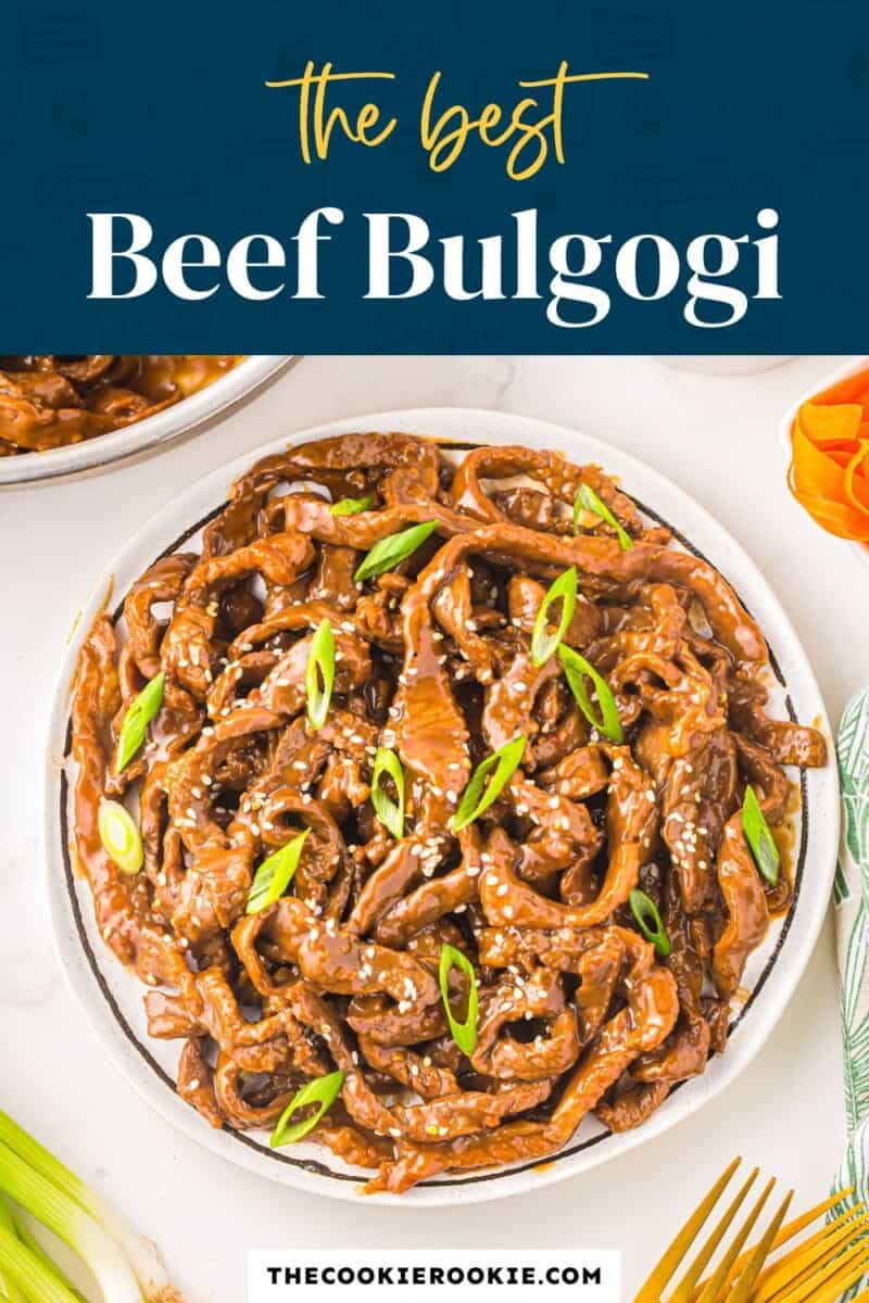 Beef bulgogi on a plate with the text the best beef bulgogi.