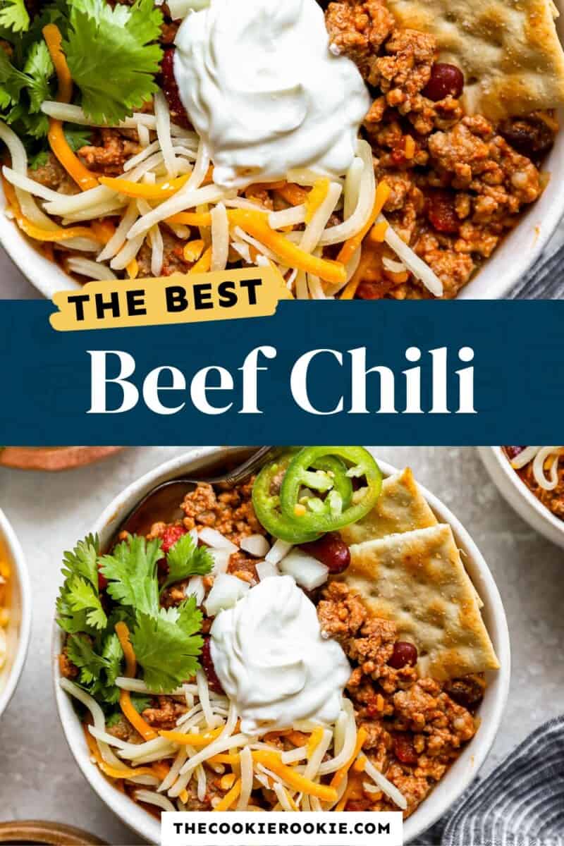 The best beef chili in a bowl with sour cream and sour cream.