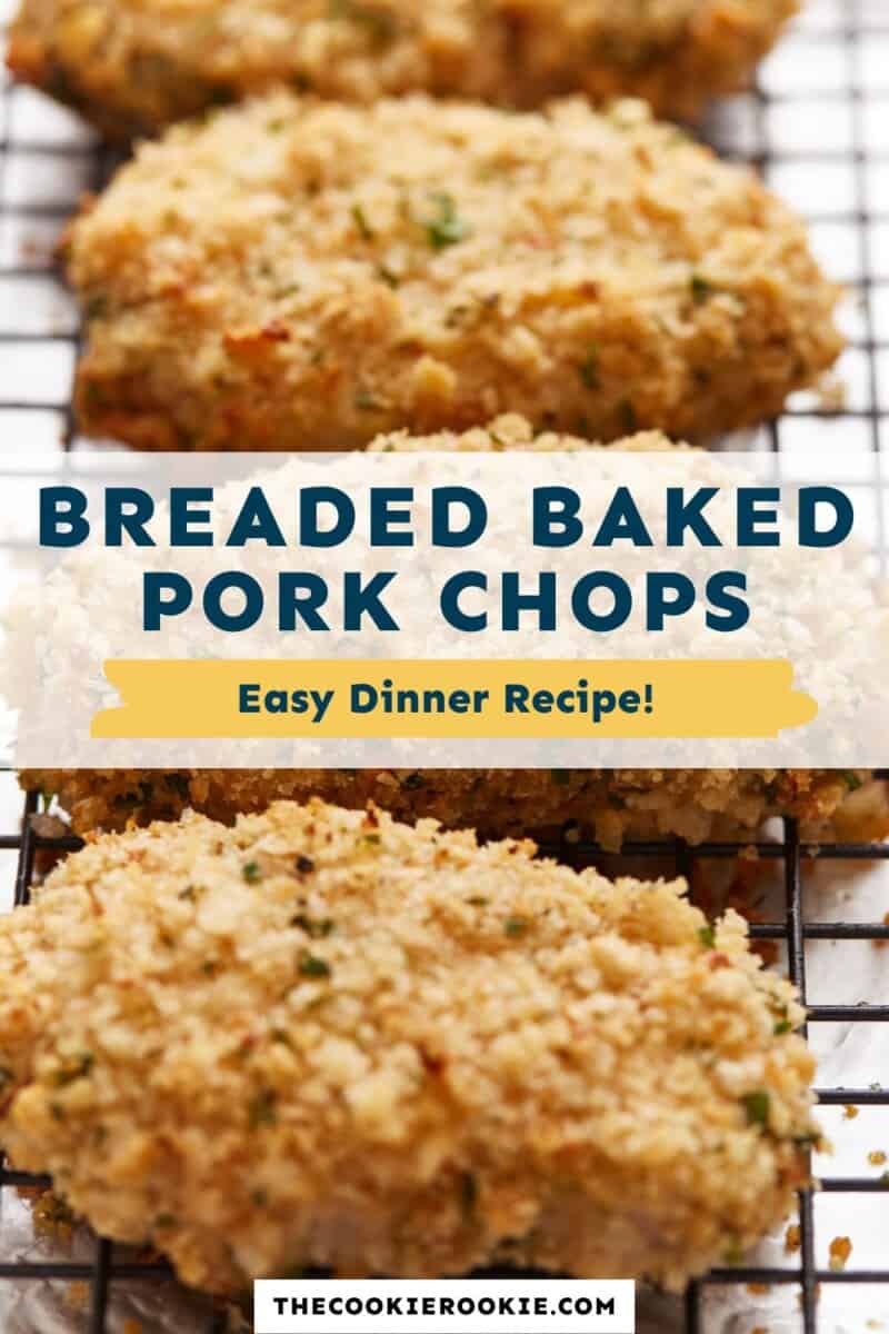 Breaded pork chops on a rack with the text breaded baked pork chops easy dinner recipe.