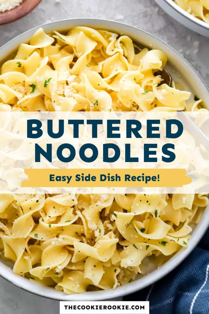 Butter noodles in a pan with the text butter noodles easy side dish recipe.
