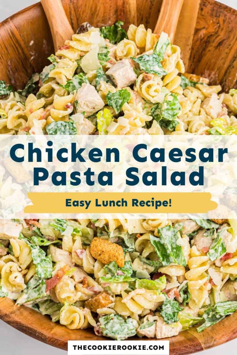 Chicken caesar pasta salad in a wooden bowl.