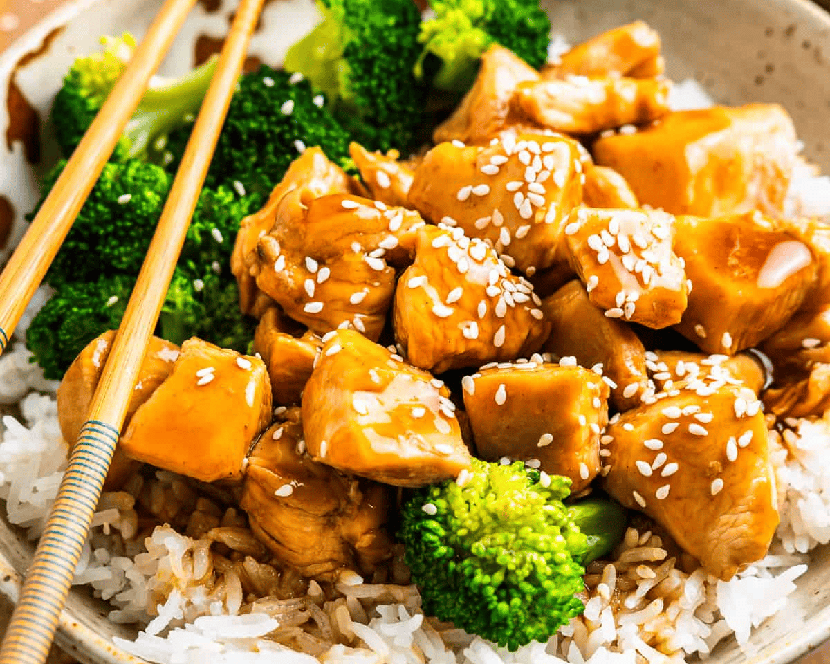 Teriyaki chicken on a plate with rice, broccoli and chopsticks. - 10