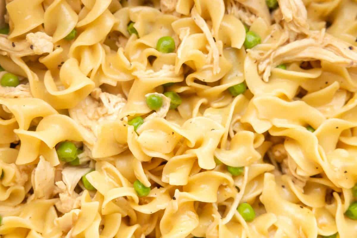 close up view of chicken and egg noodles with shredded chicken and peas