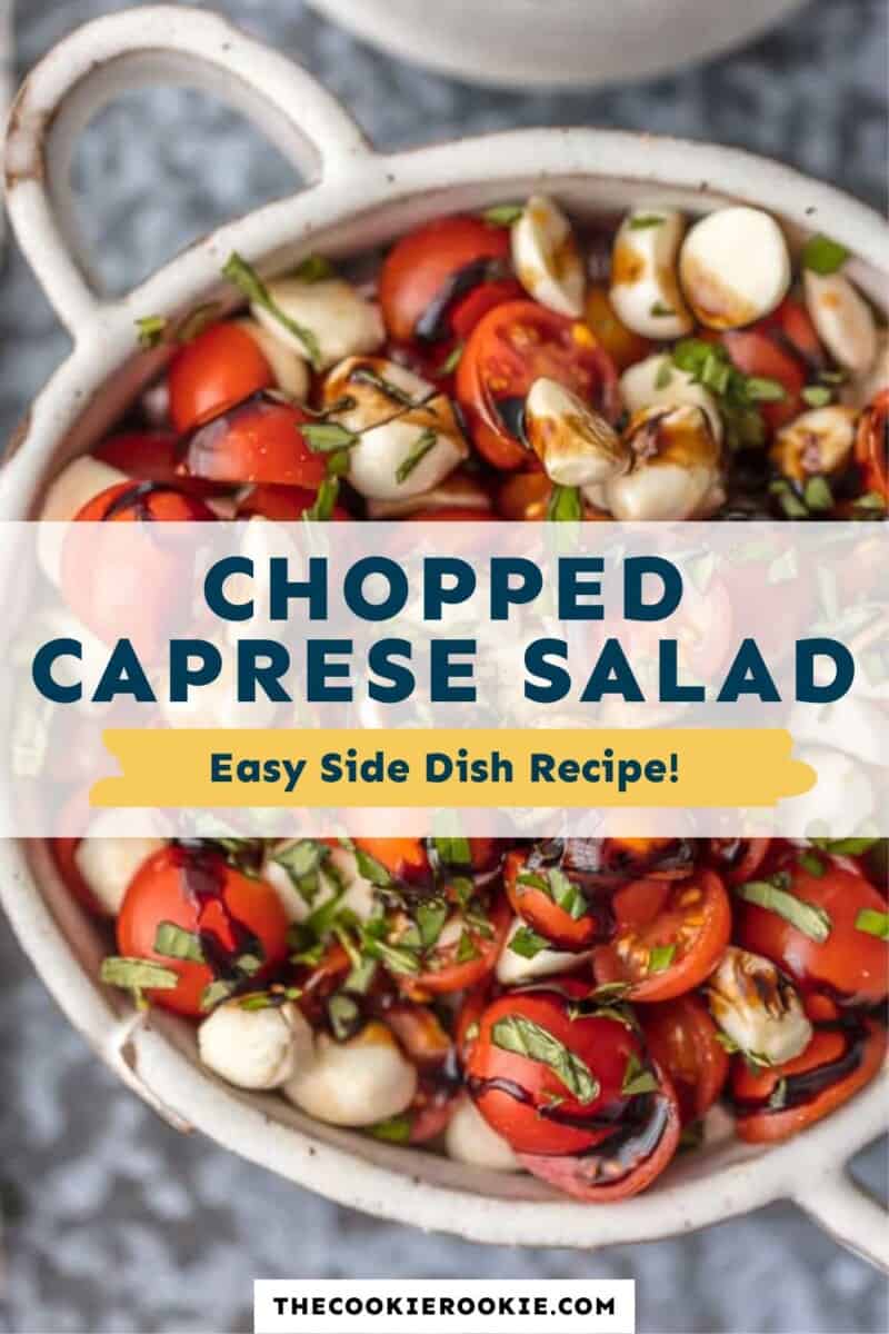 Chopped caprese salad in a white bowl.
