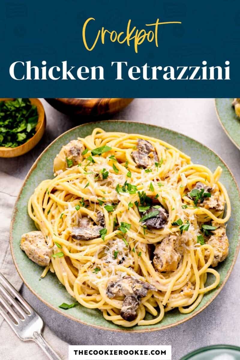 Crockpot chicken terrazini on a plate with mushrooms.