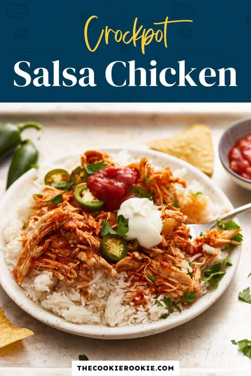 Crockpot salsa chicken on a white plate.