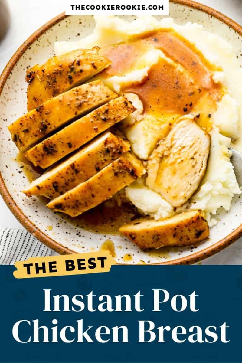 Instant pot chicken breast on a plate with mashed potatoes and gravy.