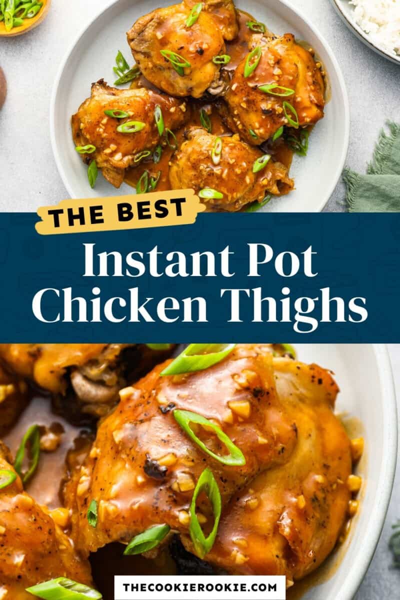 Instant pot chicken thighs on a white plate with the text the best instant pot chicken thighs.