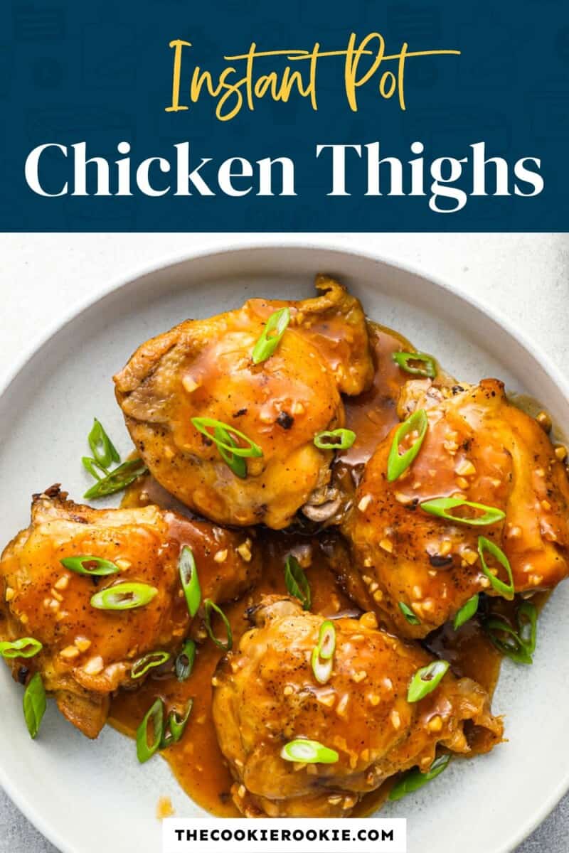 Instant pot chicken thighs on a white plate.