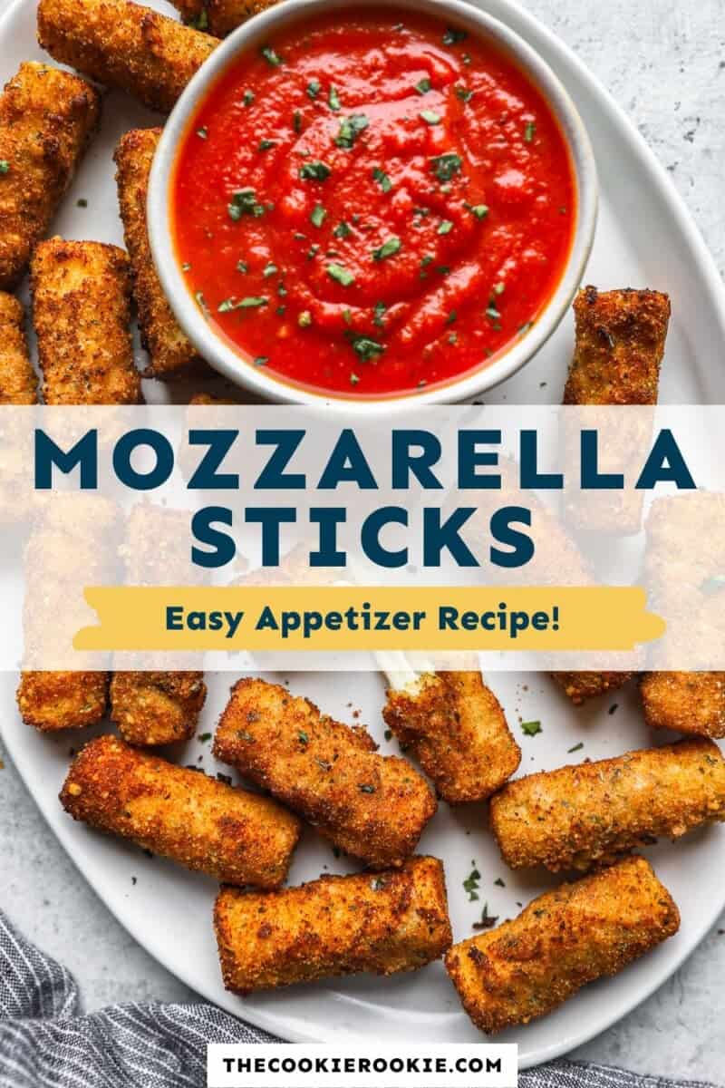 Mozarella sticks on a plate with sauce.